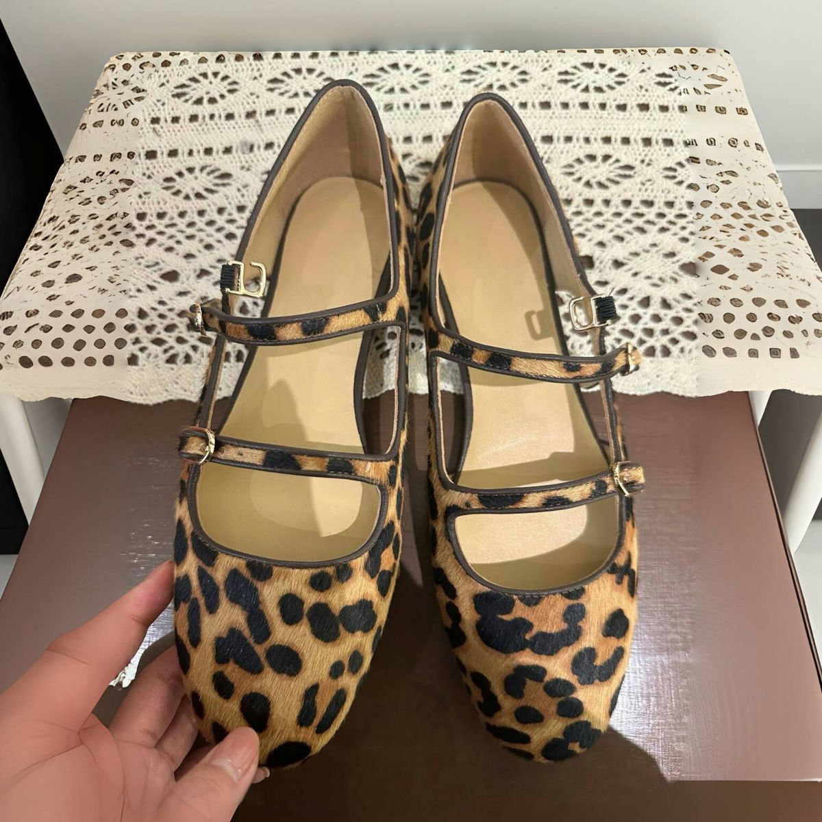 Sheepskin Version Of Genuine Leather Leopard Print Side Opening Mary Jane Shoes For Women Flat Evening Shoes_vogvips.com