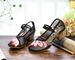 Mesh Square High Thick Heels, Summer Mesh, Embroidered Shoes, Sandals, Antique Style, Lotus Flower Women_vogvips.com