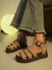 Women Black Leather Platform Gladiator Sandals Multi Strap Ankle Buckle Adjustable Yellow Stitch Chunky Open Toe Summer_vogvips.com