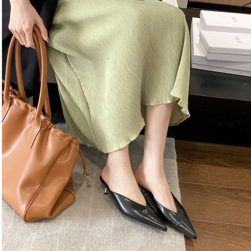 New Mule Shoes With French Pointed Fine Cat Heels Elegant Closed Toe Semi Slip Sandals Multifunctional Women's_vogvips.com