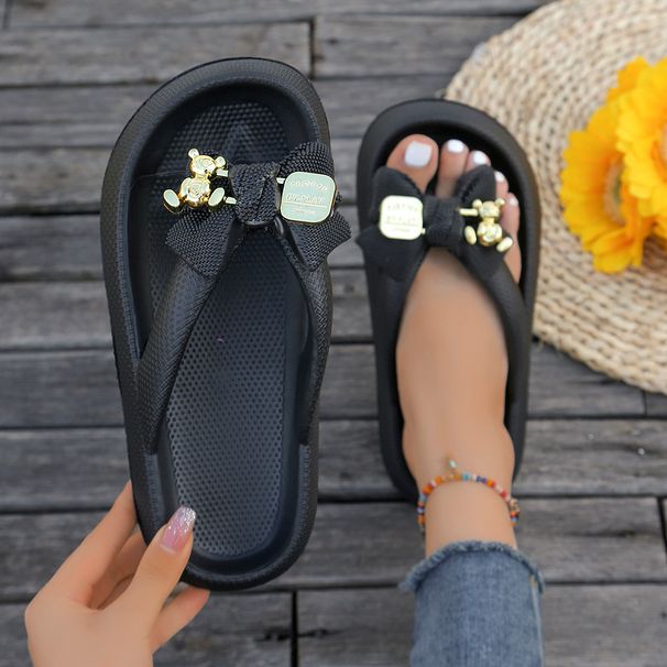 Summer Multi Color Women's Flip Flops Fashionable Metallic Teddy Bear Bow Slide Sandal Beach Vacation Home Versatile Footwear_vogvips.com