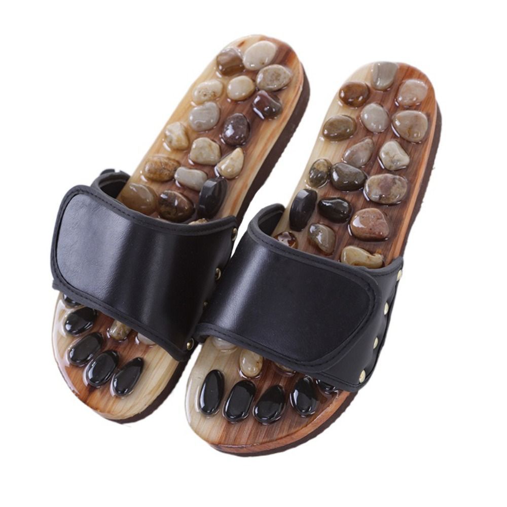 Natural Pebbles Acupressure Slippers Feet Care Rotating Massage Stone Sandals Anti-slip Adjustable Foot Massager Shoes_vogvips.com