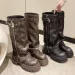 Womens Retro Distressed Leather Knee High Boots With Buckle Strap And Side Zipper Chunky Platform Heel For Edgy_vogvips.com