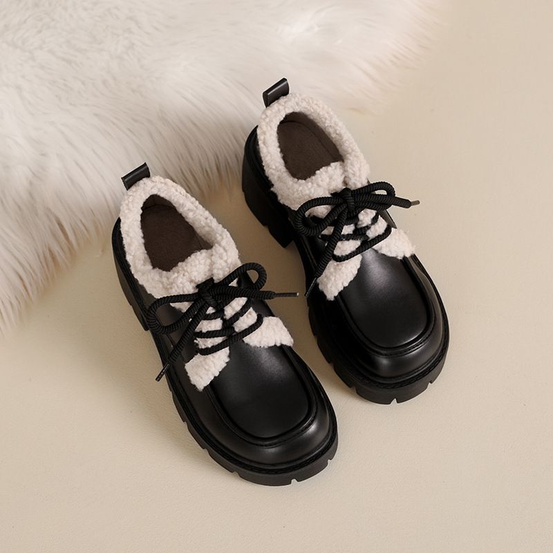 Loafers Platform-soled Plush Single Shoes Women's Fluffy Shoes Thick-heeled Cotton Shoes_vogvips.com