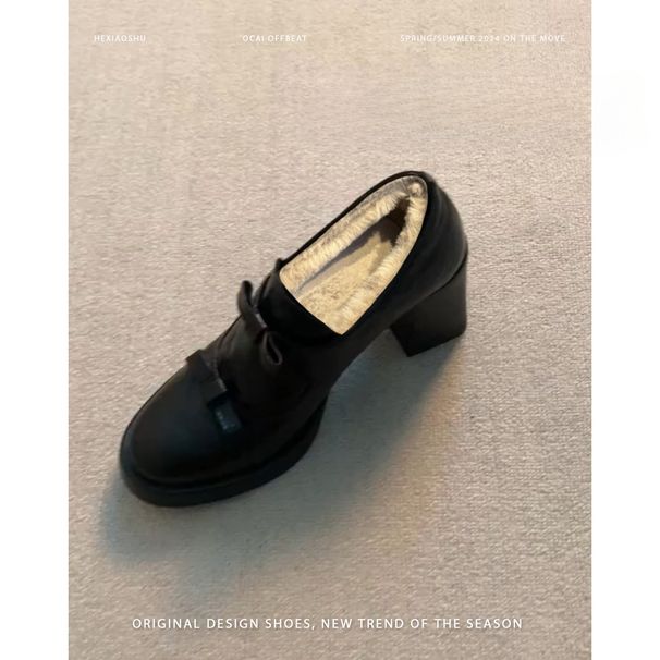 thick Heel Loafers Women's Velvet Warm Small Leather Shoes High Heels Women's_vogvips.com