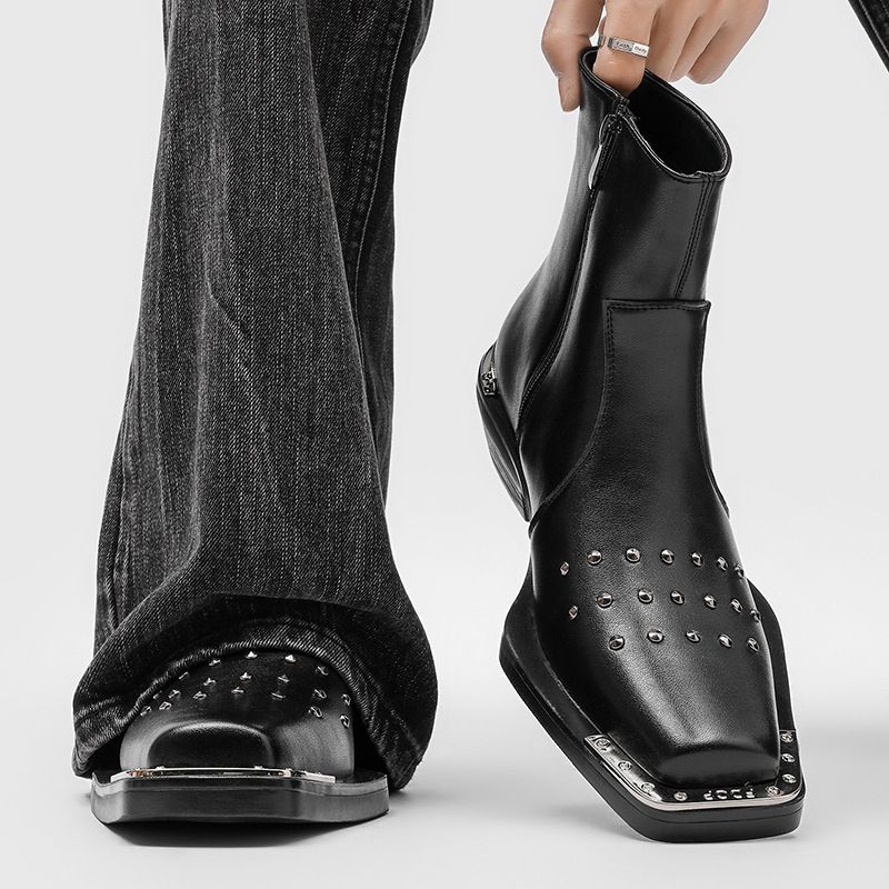 Trendy Square-toed Boots, High-heeled For Men, High-top Iron-toe Zippered Casual Martin Boots 54917-J_vogvips.com