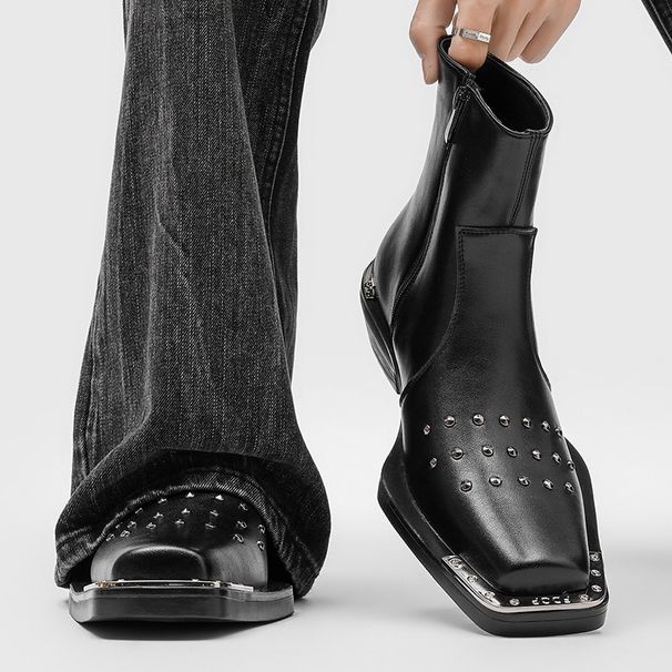 Trendy Square-toed Boots, High-heeled For Men, High-top Iron-toe Zippered Casual Martin Boots 54917-J_vogvips.com