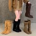 Miting Stacked Boots, Vintage Suede, Internal Height Increase, Cross-Strap Buckle, Comfortable Western Cowboy High Boots_vogvips.com