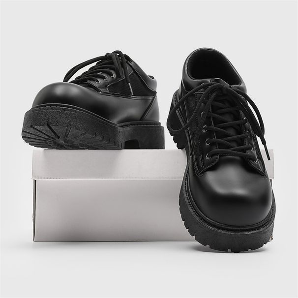 ShoeVault Sexy Black Chunky For Men Thick-Soled Height-Increasing Casual Leather Breathable Mesh Derby Shoes_vogvips.com