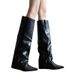 Stacked Shaft Knight Boots - 7CM Chunky Heel Pointed Toe Boots For Women | Retro British Style | Side-Zip Ankle Boots | Winter-Ready Fleece Lining_vogvips.com