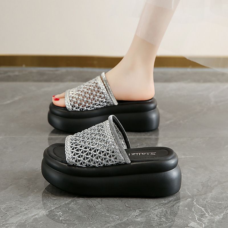 Women's Silver Woven Openwork Platform Sandals Breathable Comfortable Relaxed Style Summer New 2026_vogvips.com