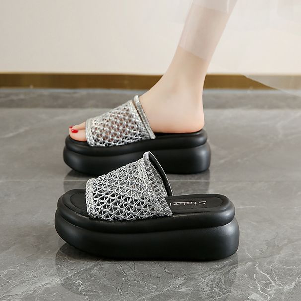 Women's Silver Woven Openwork Platform Sandals Breathable Comfortable Relaxed Style Summer New 2026_vogvips.com