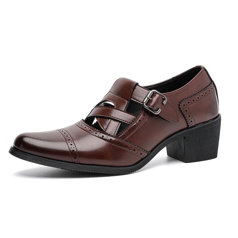 New Men's Shoes With A Casual And High-end Feel,Hollowed Out And Breathable Lightweight Block Leather Shoes,Comfortable Toe Cover,Mid Heel,All Seasons_vogvips.com