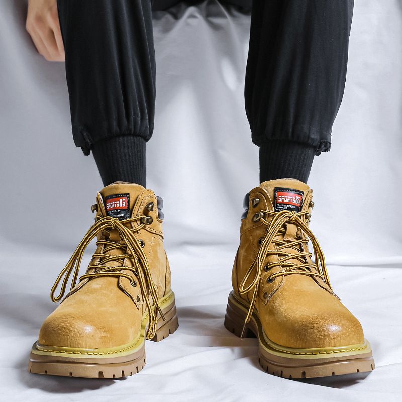 Men's Classic Retro Chunky Sole Leather Martin Boots - Vintage Work Boots With Thick Rubber Sole For Casual Wear (Yellow, Grey, Fleece Lined )_vogvips.com