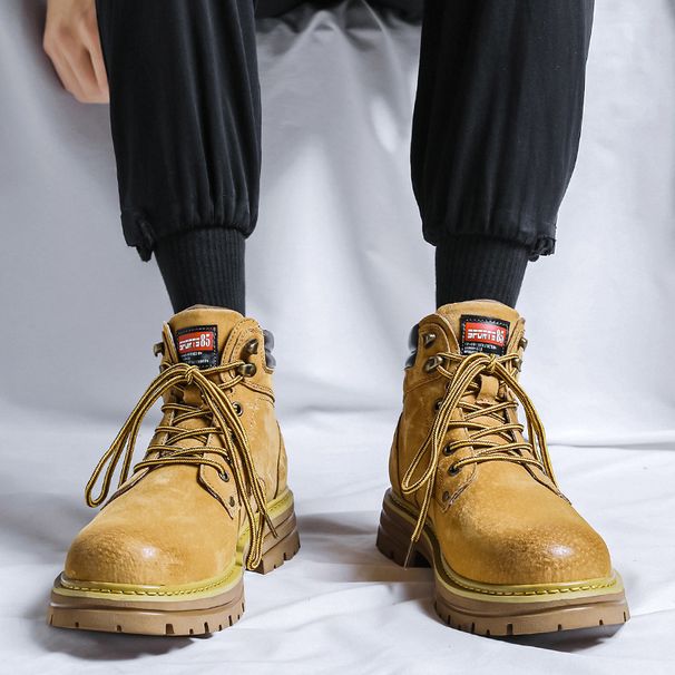 Men's Classic Retro Chunky Sole Leather Martin Boots - Vintage Work Boots With Thick Rubber Sole For Casual Wear (Yellow, Grey, Fleece Lined )_vogvips.com