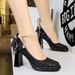 9983-H80TP Sweet Pearl Strap High Heels Women's Water Diamond Bow Square Head Waterproof Platform Coarse Straw Shoes_vogvips.com