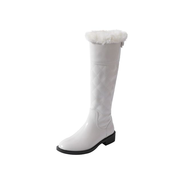 Boots Snow Boots Women's Winter Fleece Thickened Skinny Flat Boots Small Fragrant Rhombus Tall White Boots_vogvips.com