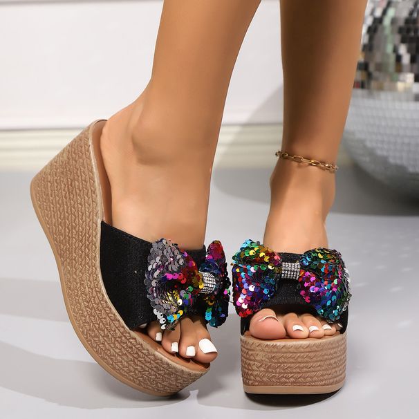 Women’s Shoes Sequined Bow Platform Sandals For Women Summer New Large Size Thick Bottom Flip Flops Size 43_vogvips.com