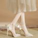 Women's Shoes Casual Business Wedding Party French Satin Apricot High Heels Stiletto Waterproof Platform Shoes Bow Pearl Strap Wedding Shoes_vogvips.com