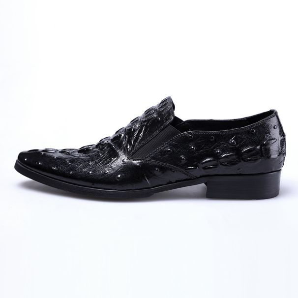 Crocodile Pattern Pointed Toe Men British Style Cowhide Elastic Mouth Slip-On Trendy Men's Business Casual Leather Shoes_vogvips.com