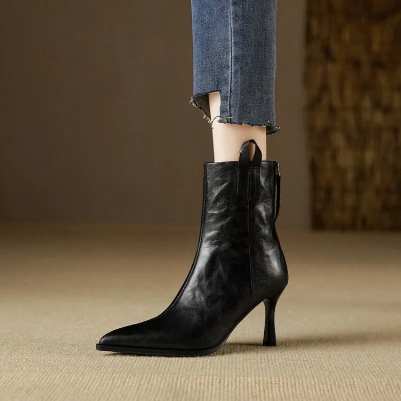 Back Zip Slim Heel Single Boots Womens Fashion Pointed Toe Paneled NonSlip WearResistant High Heels 251015_vogvips.com