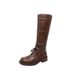 Vintage Chunky Heel Leather Riding Boots For Women - Retro Buckle Detail, Side Zipper, Comfortable Mid-Calf & Knee-High Boots_vogvips.com