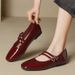 Spring And Autumn Red Single Square-Toed, One-Strap Flat Shoes, Unique Design, Glossy Commuting Women's Shoes_vogvips.com
