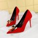 9511-K68 European And American Style Party Heels Stiletto Shallow Pointed Suede Bow Metal Buckle High Heel Pumps_vogvips.com