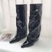 Pointed-Toe High-Cuff Over-The-Knee Boots Matte Black Chunky Heel Stretch Fit Long Boots Fashion Knee-High Boots Patent Leather Pointed Toe Black_vogvips.com