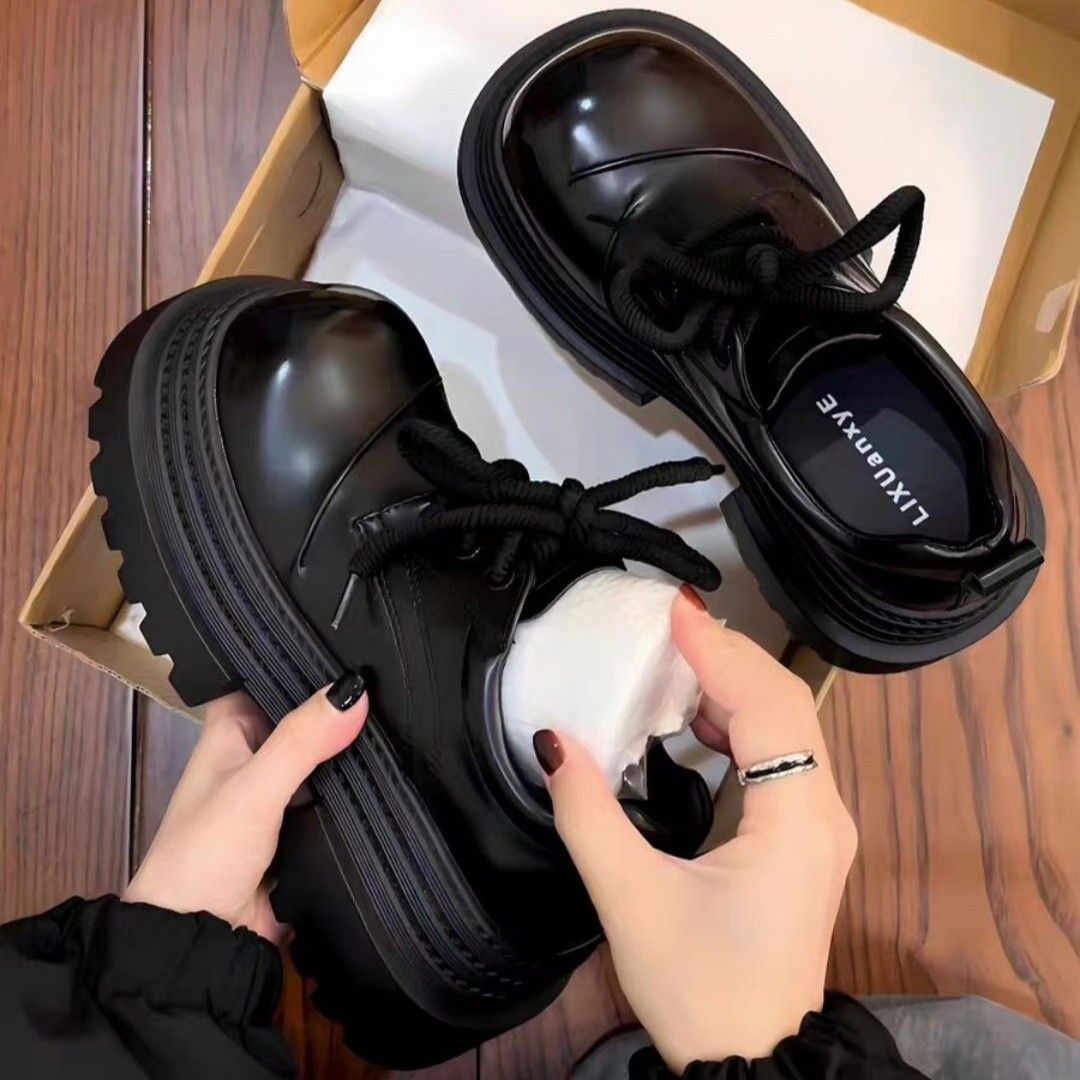 Big Head And Small Leather Shoes Women's Platform Lace-up Loafers Heightening Single Shoes_vogvips.com