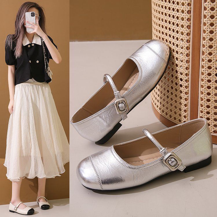 Square Toe, Shallow Mouth, Versatile Flat Bottomed Silver Mary Jane Single For Women 2025 New Summer French Style Dress,_vogvips.com