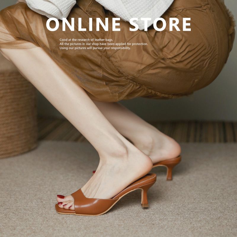 MTX Genuine Leather French Style Small Fragrance Thin Heels Women 2025 Summer Fashion Cowhide Round Toe High Heel Slippers_vogvips.com