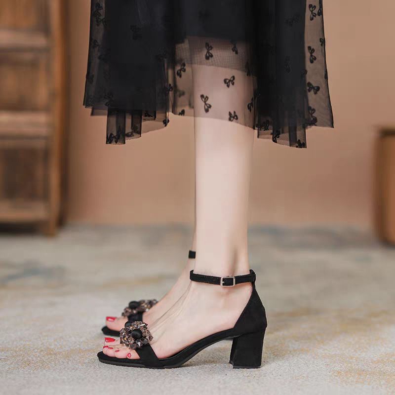 Sweet Fairy Style 2026 Summer New Mid-Heel Chunky Heel Sandals For Women With Rhinestone Detail, Black, Large Size_vogvips.com