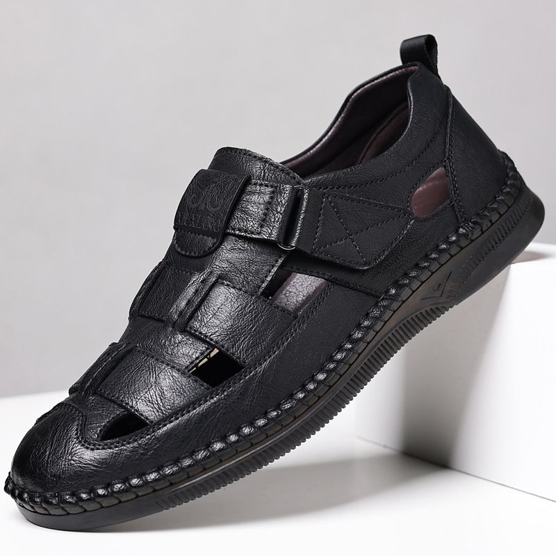 New Leather Hollow Design Men, Casual Slip-on Shoes With Velcro Closure, Dad Sandals For Men_vogvips.com