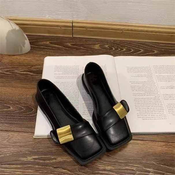 Vintage British Style Metal Buckle Single 2025 New Square Toe Soft Sole Loafers Women Slip-On Small Leather Shoes_vogvips.com