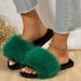 Autumn Winter New Home Round Furry Flat Large Size Open Toe One-Strap Outdoor Women's Slippers_vogvips.com