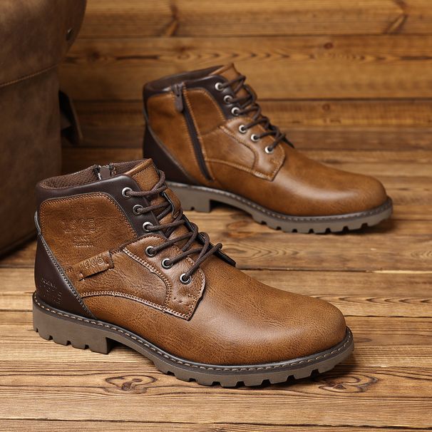 Men's Vintage Side-Zip Ankle Boots With Comfortable EVA Insole & Durable PU Upper (Brown/Black, Sizes 39-48)_vogvips.com