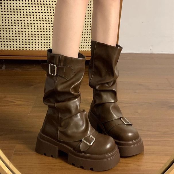 Melard Mid-Calf For Women 2025 Autumn New British Style Thick Sole Height-Increasing Brown Cuff Short Boots_vogvips.com