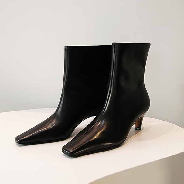 Niche Slim Boots Small Square Head Stilettos Small Bare Boots Women's Autumn And Winter Versatile Kitten Heel Short Boots Single Boots_vogvips.com