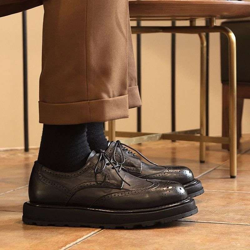 Euro Step British Style Thick-Soled Height-Increasing Brogue Round-Toe Casual Leather For Men Formal Business Wedding Groom Shoes_vogvips.com