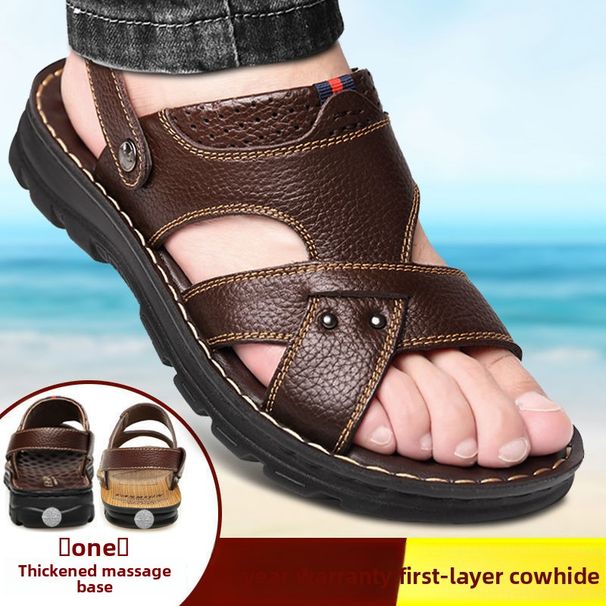 Factory Direct Sale Top Layer Cowhide Thick Massage Sole Men Genuine Leather Summer Men's Sandals Casual Beach Shoes_vogvips.com