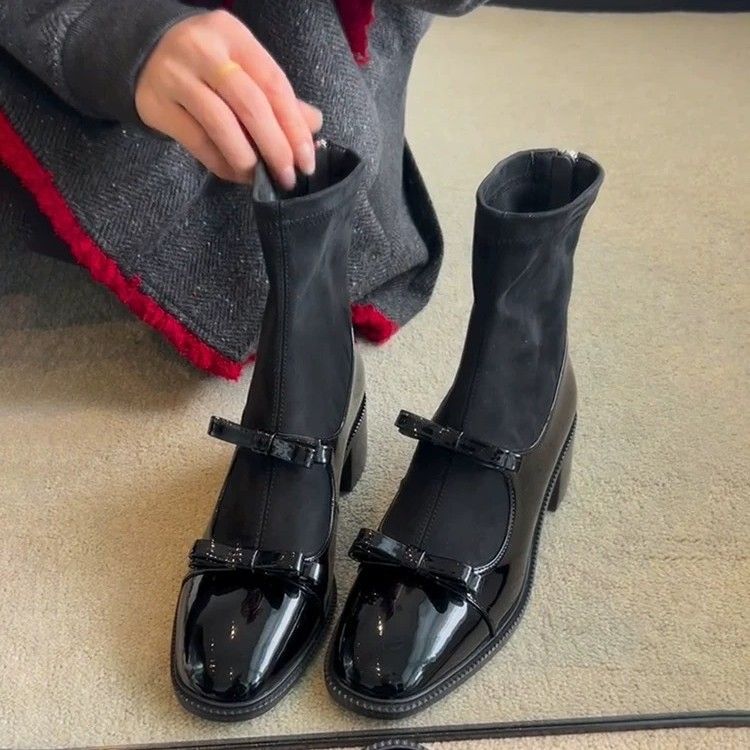 2025 Xiaoxiangfeng Elastic Thin Boots Bow Rear Zipper Thick Heel Short Boots High Heel Thin Socks Boots_vogvips.com
