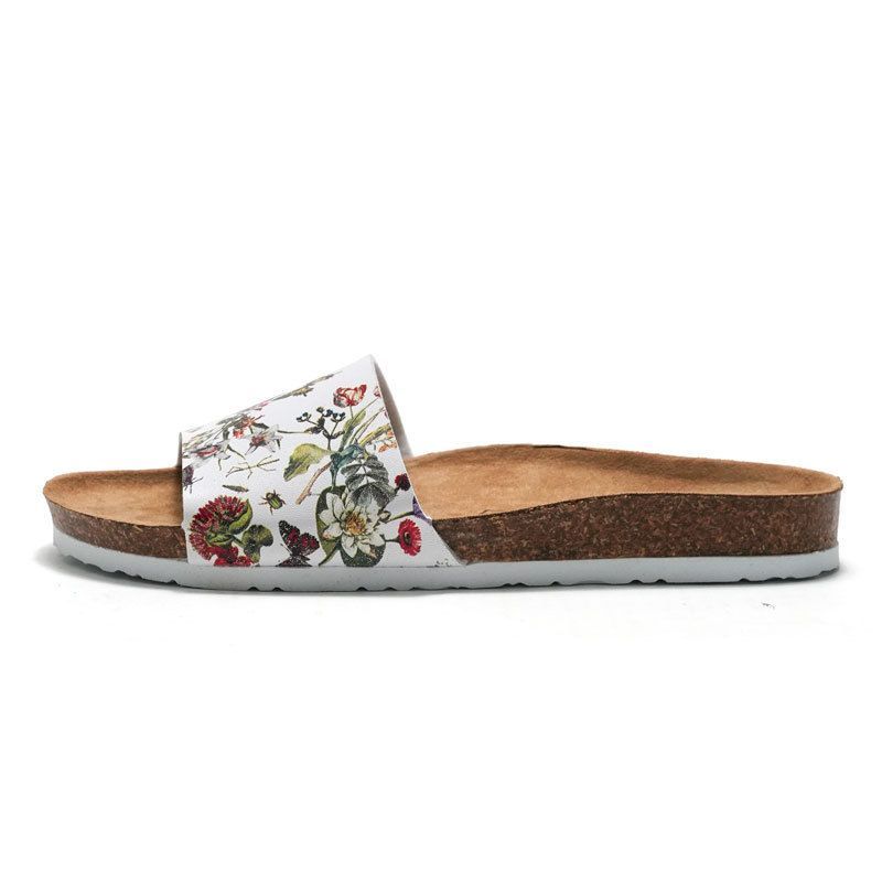 RUIZUSTOCK New Slippers Floral Print Single Strap Cork Footbed Slides White Botanical Pattern Casual Sandals_vogvips.com