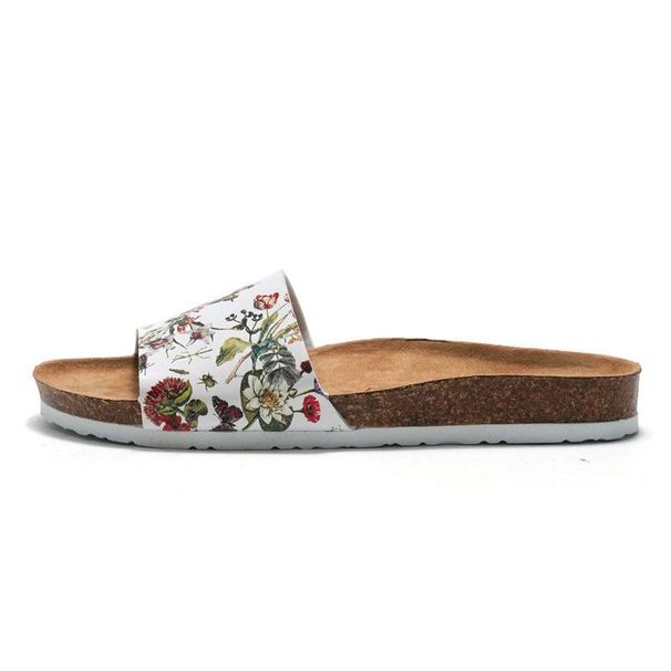 RUIZUSTOCK New Slippers Floral Print Single Strap Cork Footbed Slides White Botanical Pattern Casual Sandals_vogvips.com