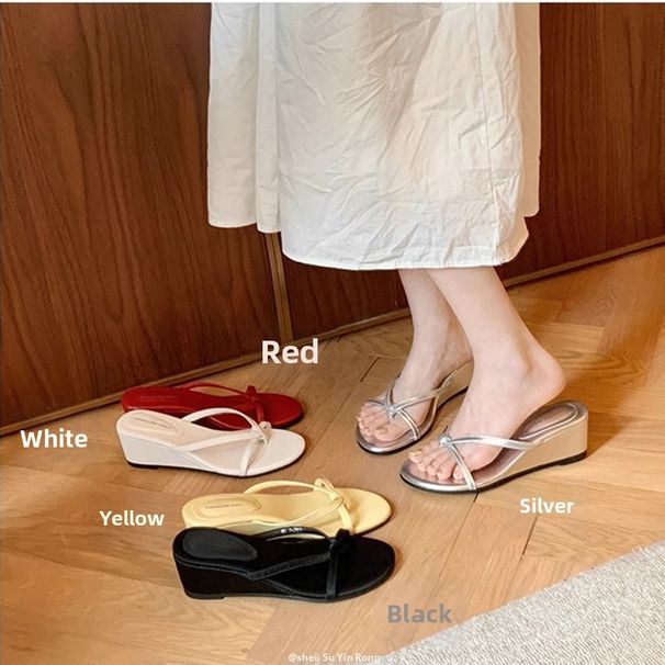 Grape Mom's Style Women's Wedge Heel Flip Flops 6 Cm Thick Sole Sandals Thin Straps for Summer Wear_vogvips.com