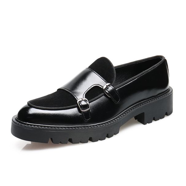 Fashion Men's Casual Leather Shoes Men Classic British Style Monk Loafers Mens Slip-on Thick Sole Heightened Shoe Patchwork_vogvips.com