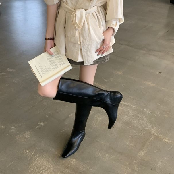 Korean-Style Vintage Burgundy Square-Toed Long For Women, 2026 Autumn And Winter, Wedge Heel, Slimming Straight-Leg_vogvips.com