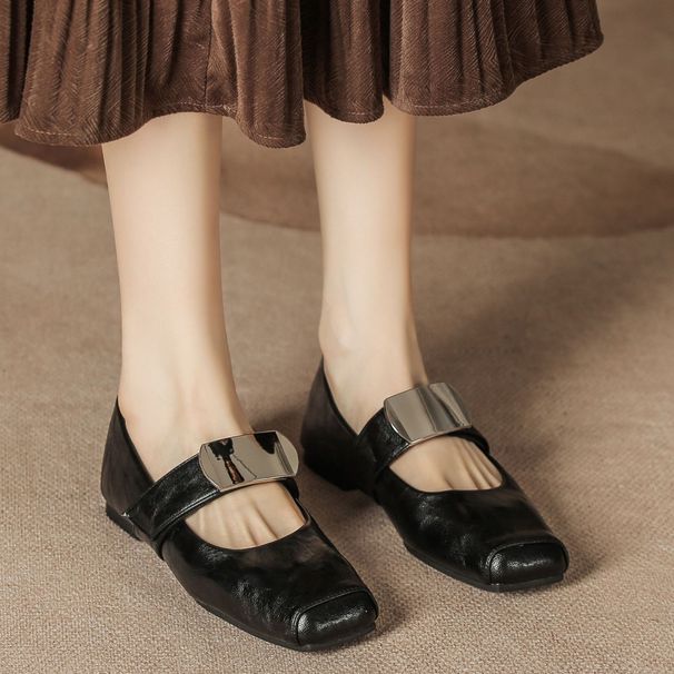 H83-1 Pig Mouth Flat One-Strap Mary Jane Leather Metal Decor Soft Sole Small Fragrance Style Spring Women's Shoes New_vogvips.com