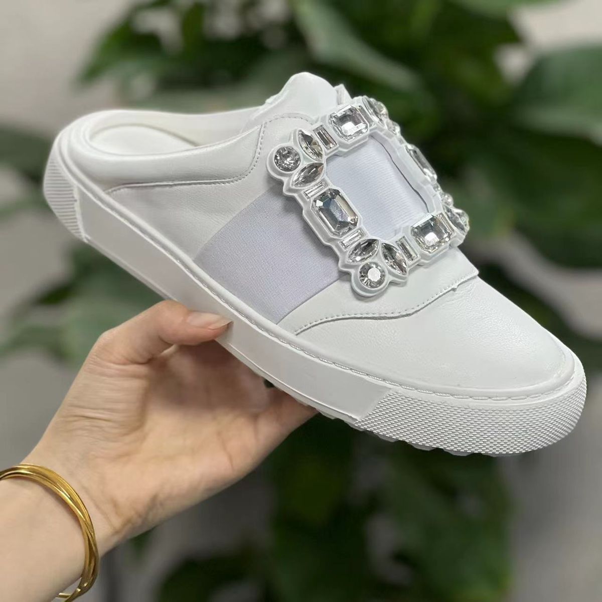 Rhodes New Fashion Sports Shoes Genuine Leather Loafers Diamond Buckle Flat White Shoes Half Slip Fashion Women's Shoes_vogvips.com