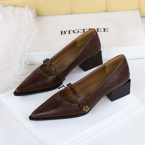 Mary Jane Women's Shoes Thick Heel Shallow Mouth Pointed Camellia One-button Low Heel Single Shoes_vogvips.com